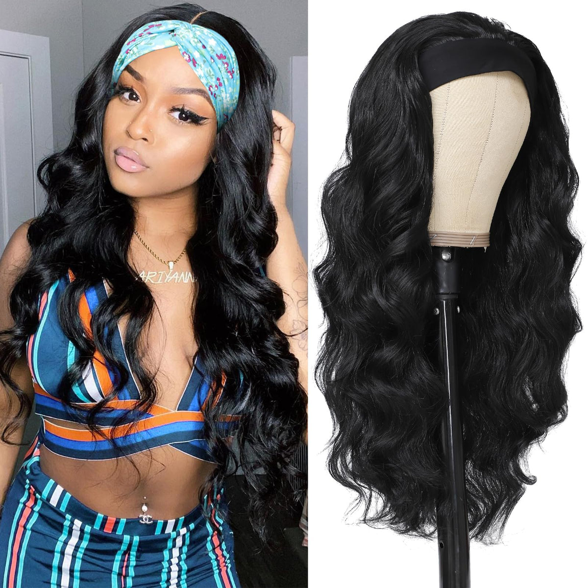 Long wavy Black Head Band Wigs for Women and girls