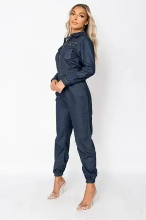Hem Long Sleeve Denim Jumpsuit