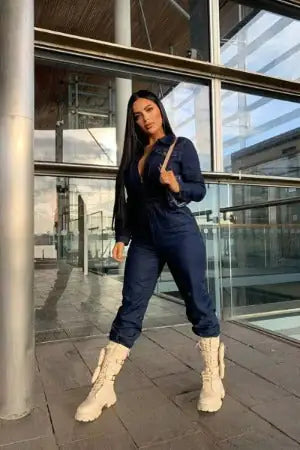 Hem Long Sleeve Denim Jumpsuit