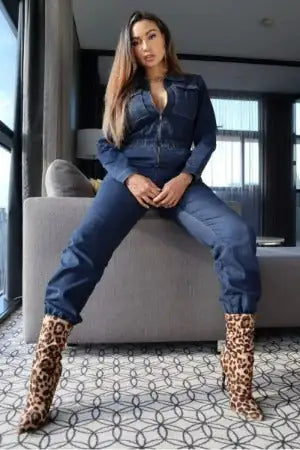 Hem Long Sleeve Denim Jumpsuit