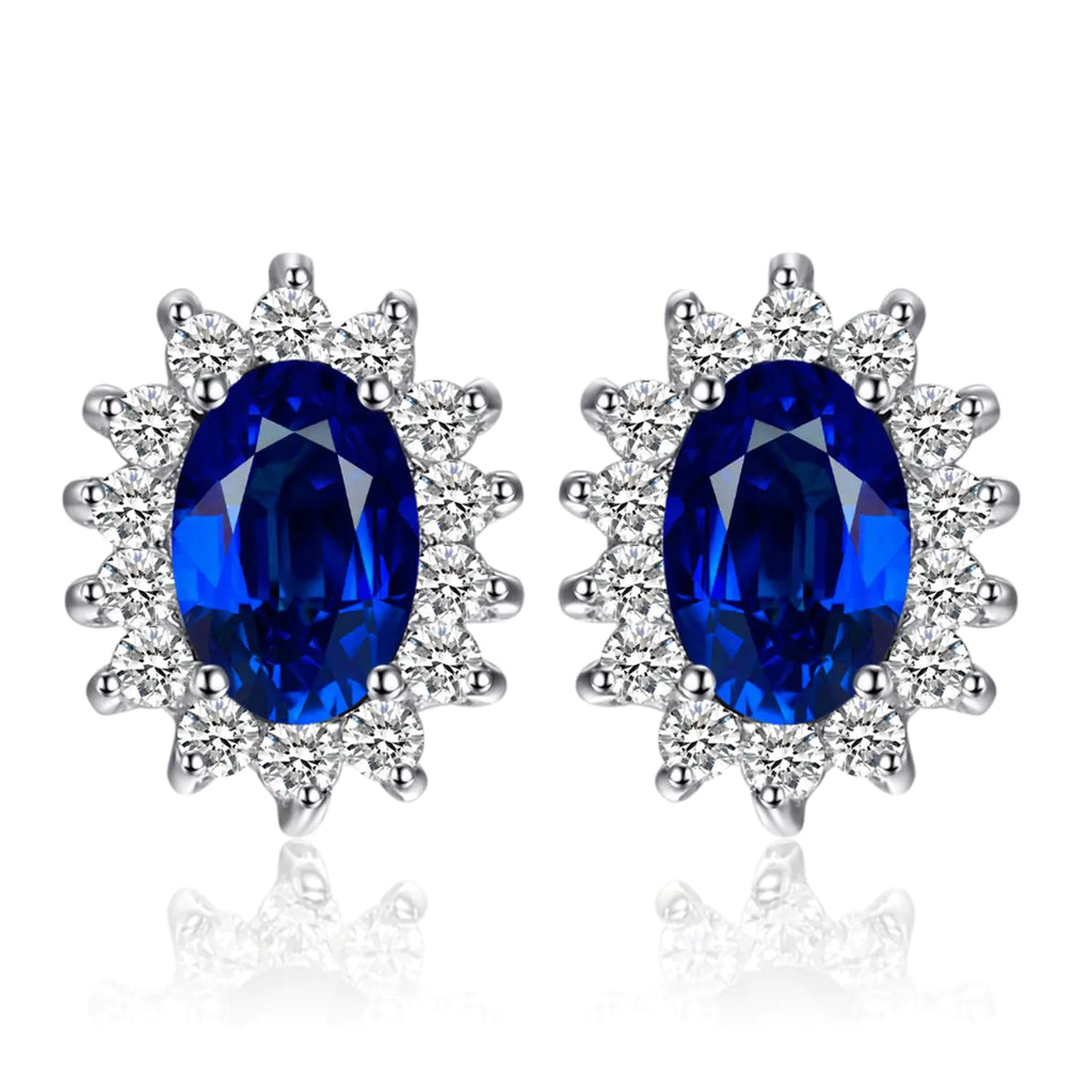 Princess Diana Class Gemstone Sapphire Stud Earrings for Women 14k Gold Plated