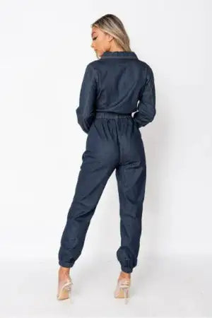 Hem Long Sleeve Denim Jumpsuit